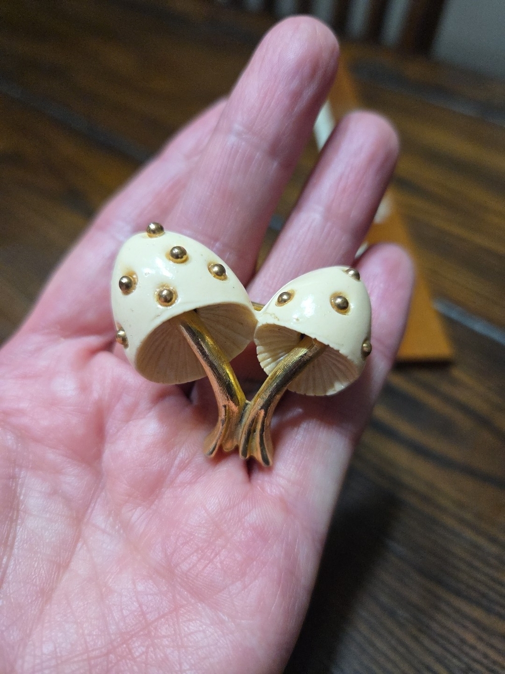 Rare Lucite/Gold Twin Mushroom Brooch Mid Century Vintage Adorable